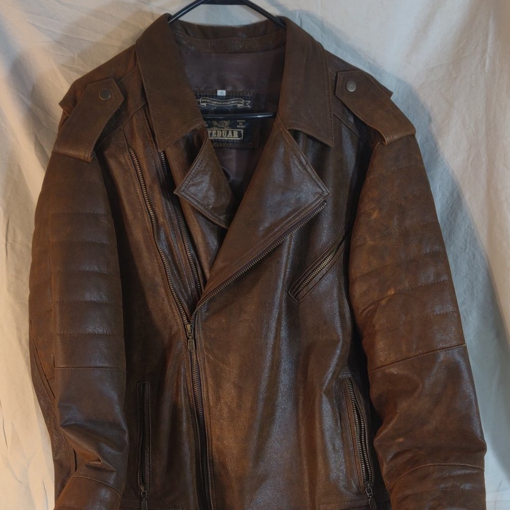 Teduar Brown Leather Double Zipper Jacket